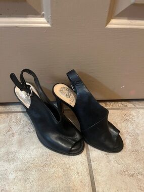Vince Camuto Black Leather Open-Toe Slingback Heels